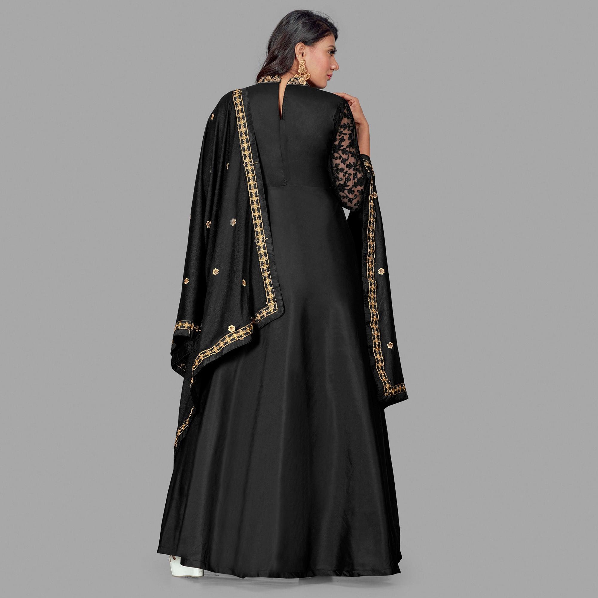 Black Embroidered Pure Silk Gown - Peachmode