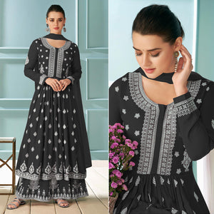 Black Embroidered Rayon Kurti Palazzo Suit - Peachmode