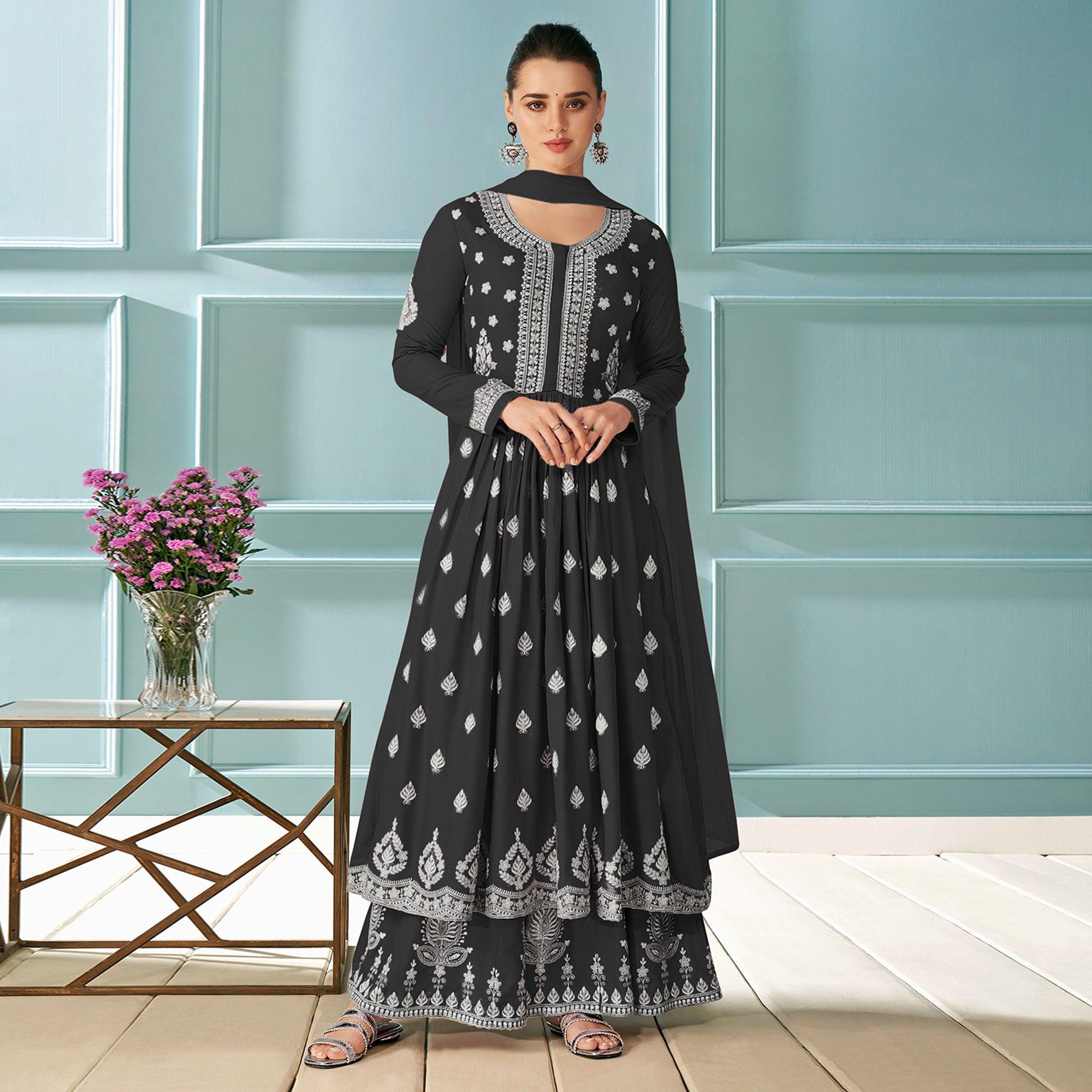 Black Embroidered Rayon Kurti Palazzo Suit - Peachmode
