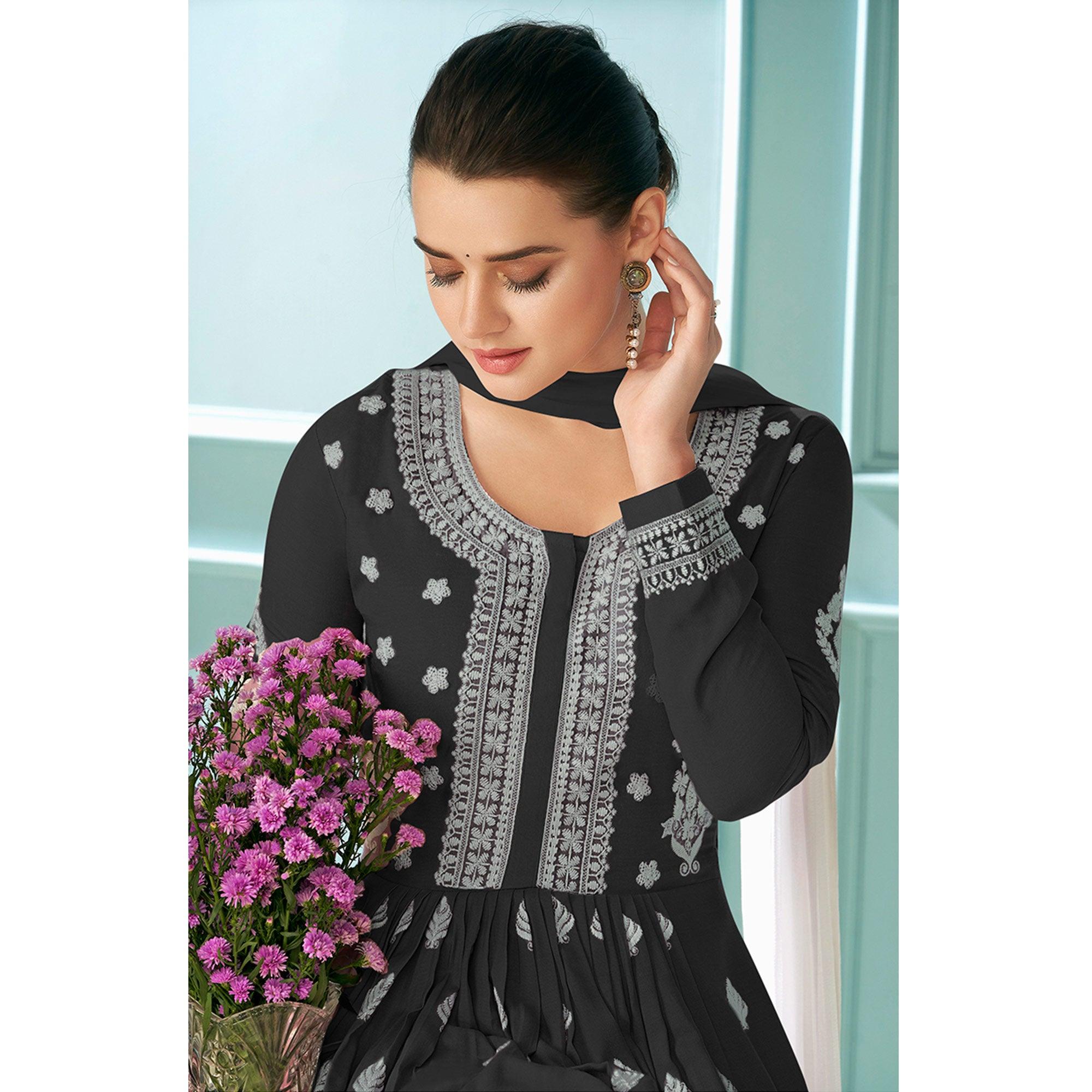 Black Embroidered Rayon Kurti Palazzo Suit - Peachmode