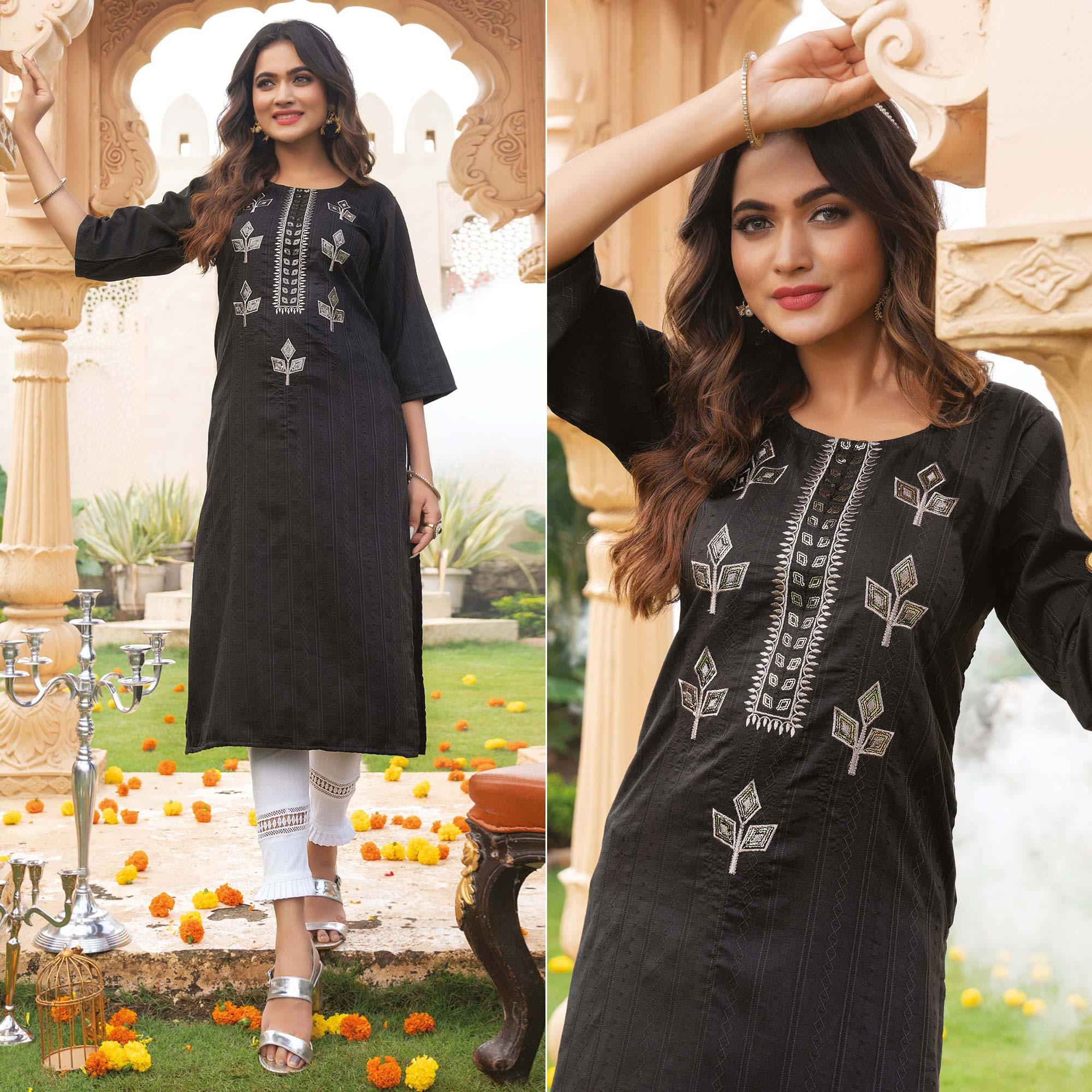 Black Embroidered Rayon Kurti - Peachmode