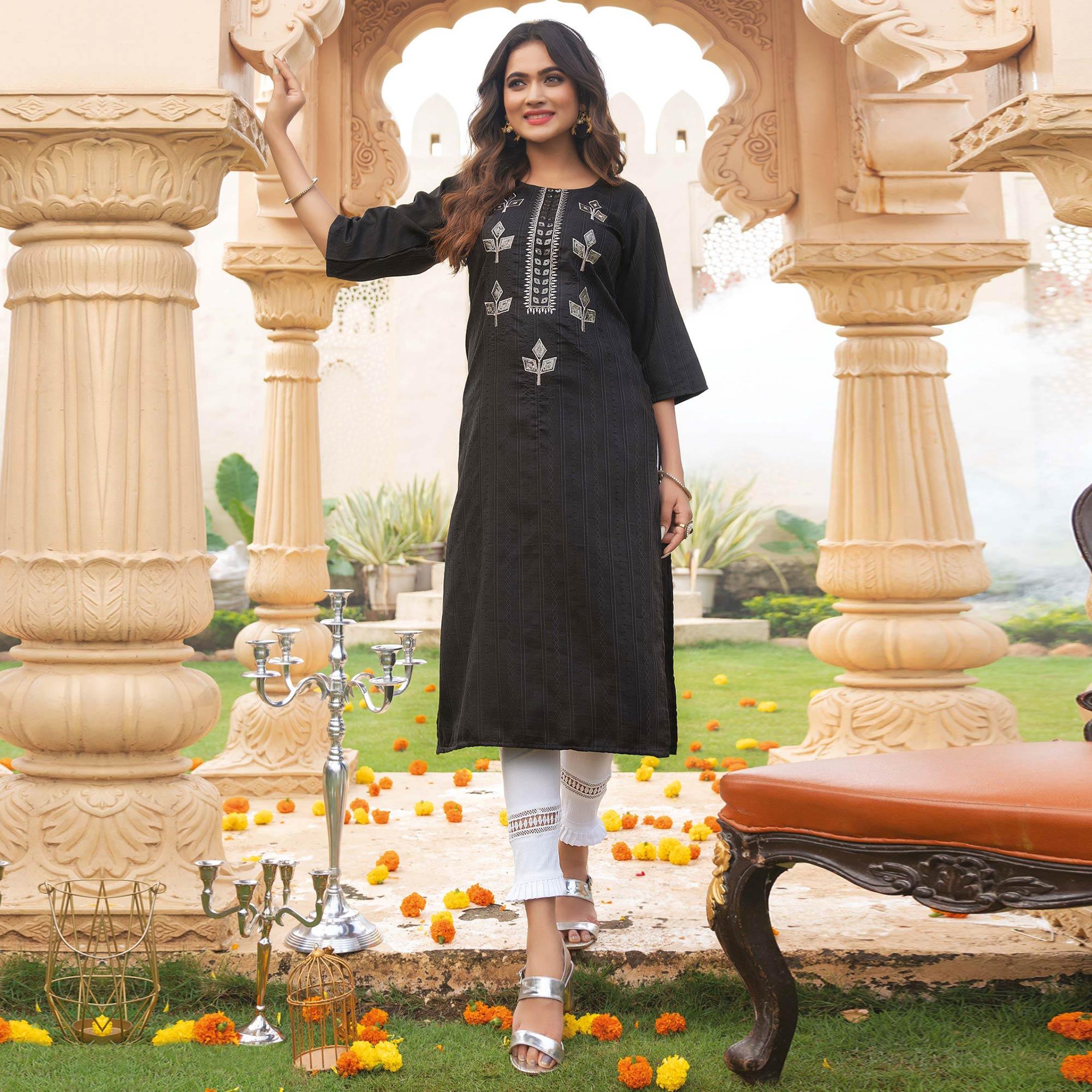 Black Embroidered Rayon Kurti - Peachmode