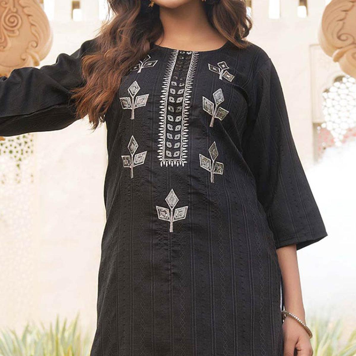 Black Embroidered Rayon Kurti - Peachmode