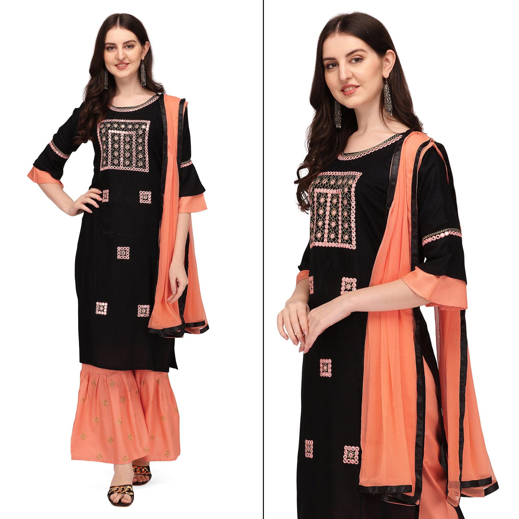 Black Embroidered Rayon Palazzo Suit - Peachmode