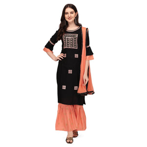 Black Embroidered Rayon Palazzo Suit - Peachmode