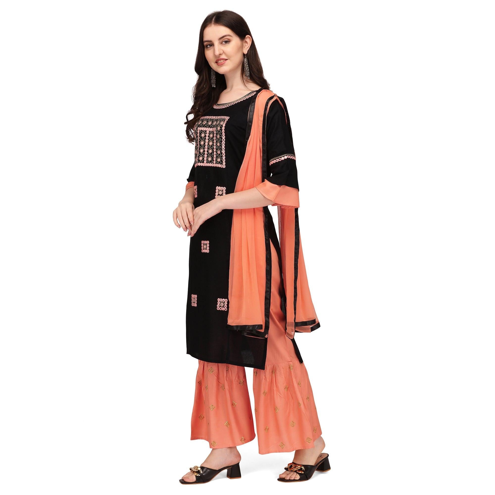 Black Embroidered Rayon Palazzo Suit - Peachmode
