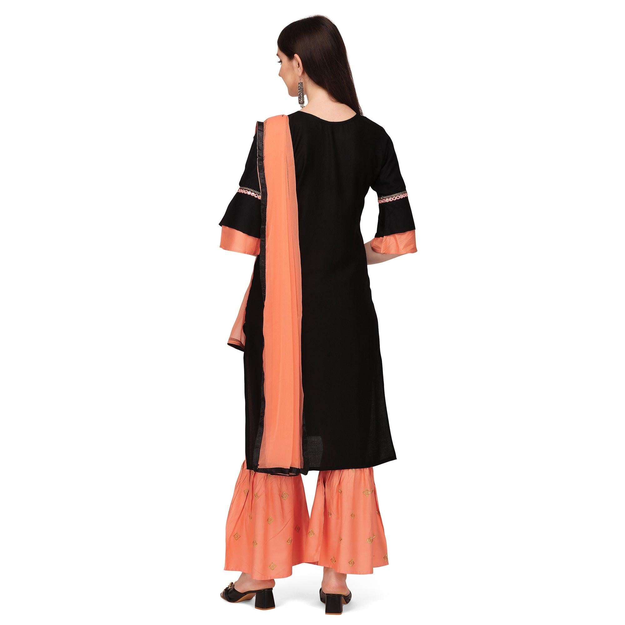 Black Embroidered Rayon Palazzo Suit - Peachmode