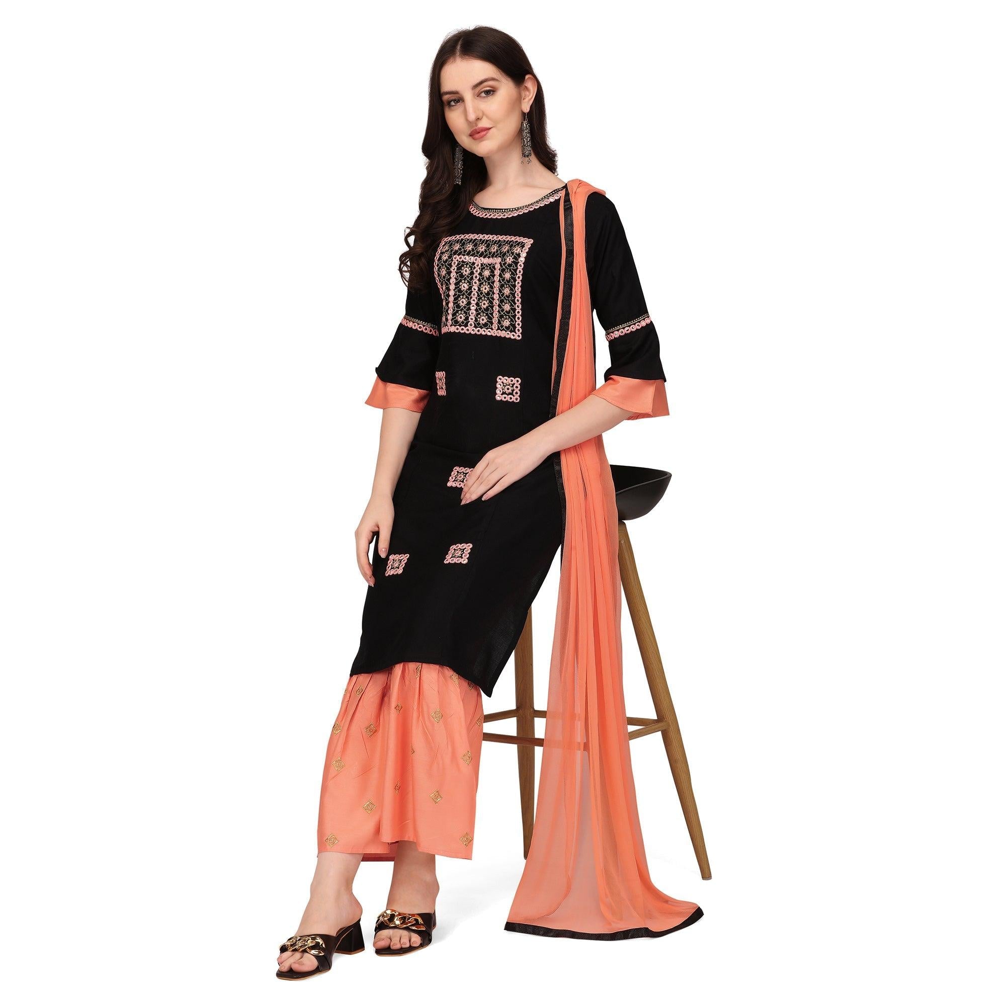 Black Embroidered Rayon Palazzo Suit - Peachmode