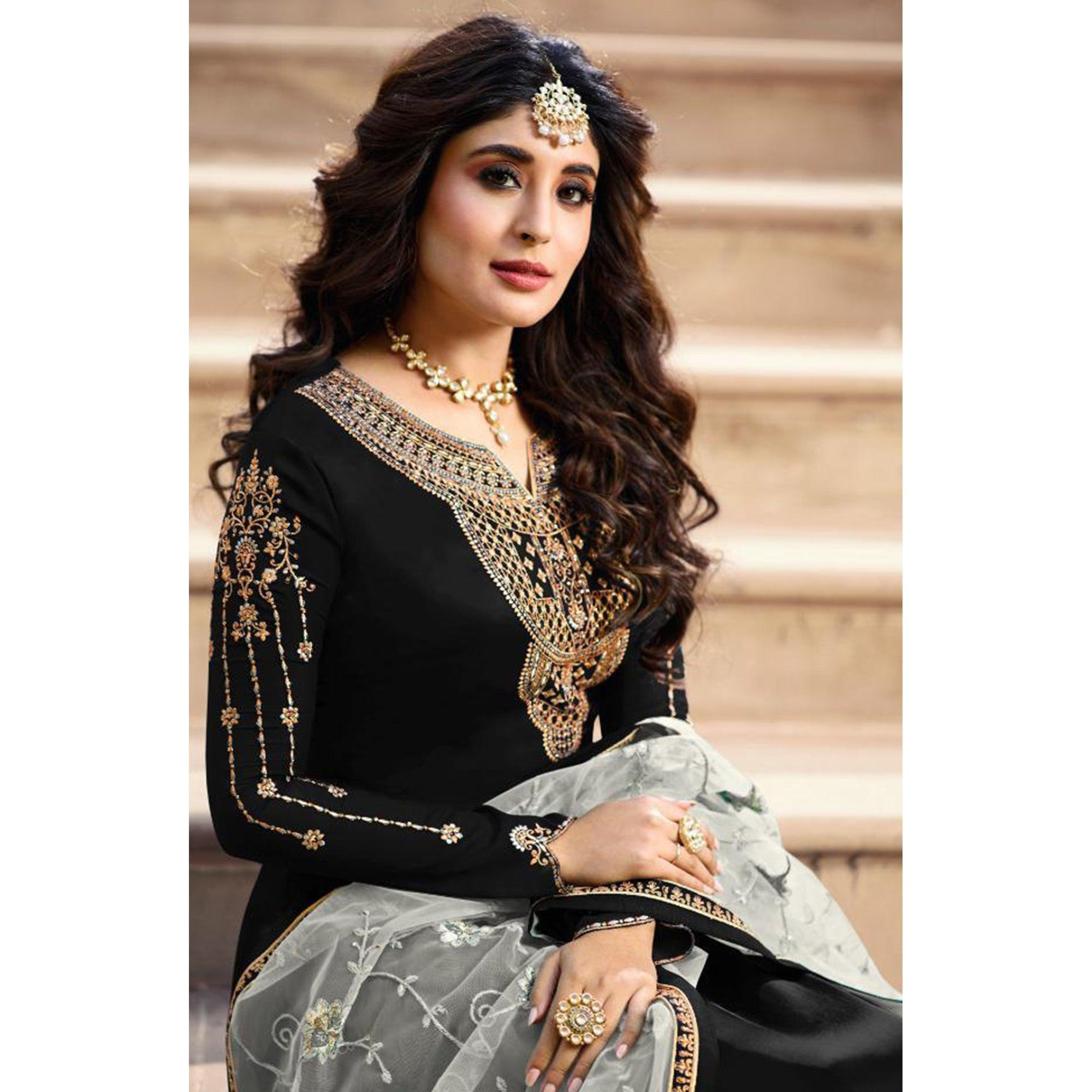 Black Embroidered Satin Georgette Straight Suit - Peachmode