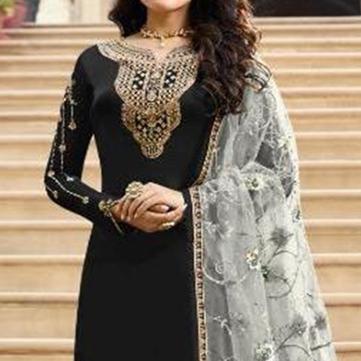 Black Embroidered Satin Georgette Straight Suit - Peachmode