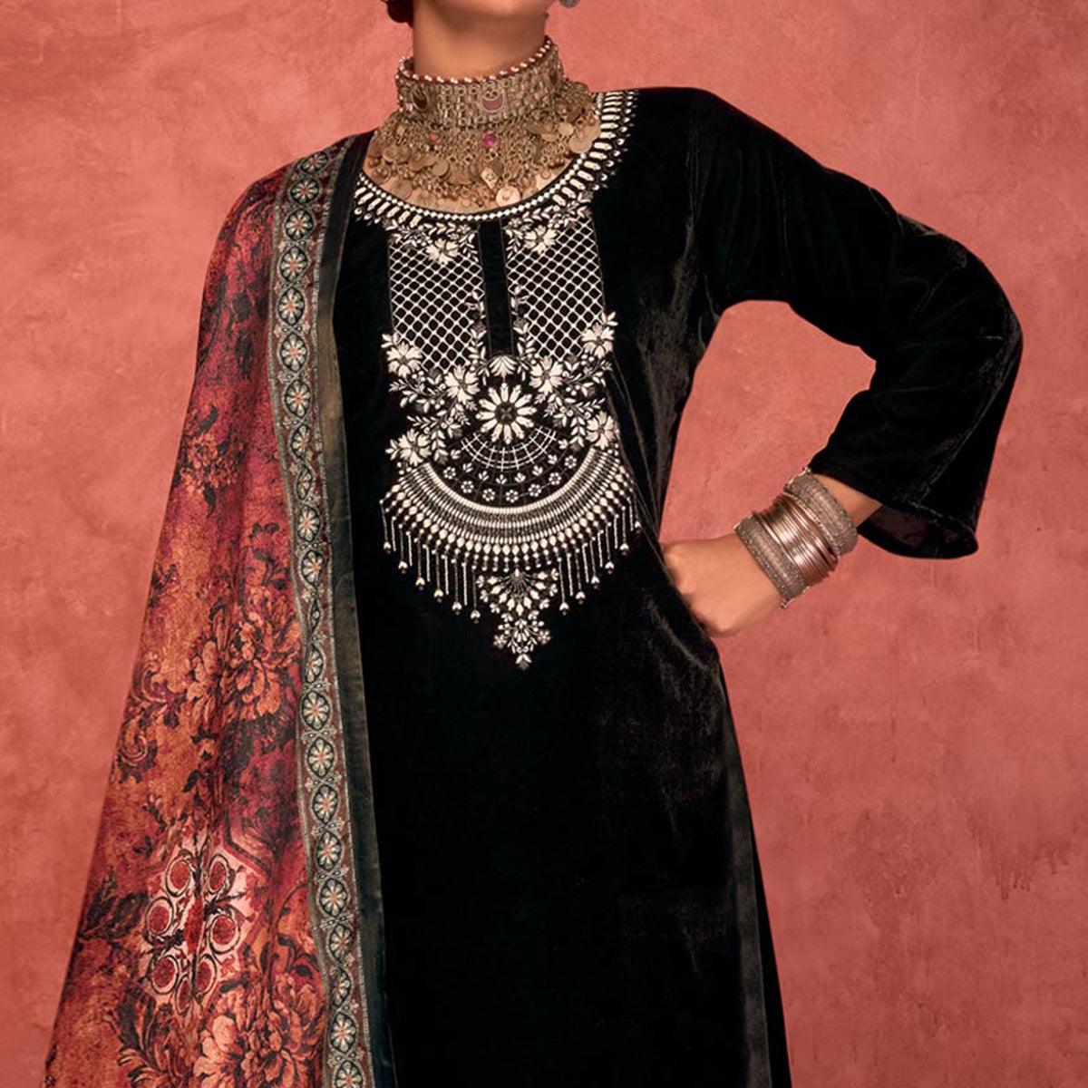 Black Embroidered Velvet Pakistani Suit - Peachmode