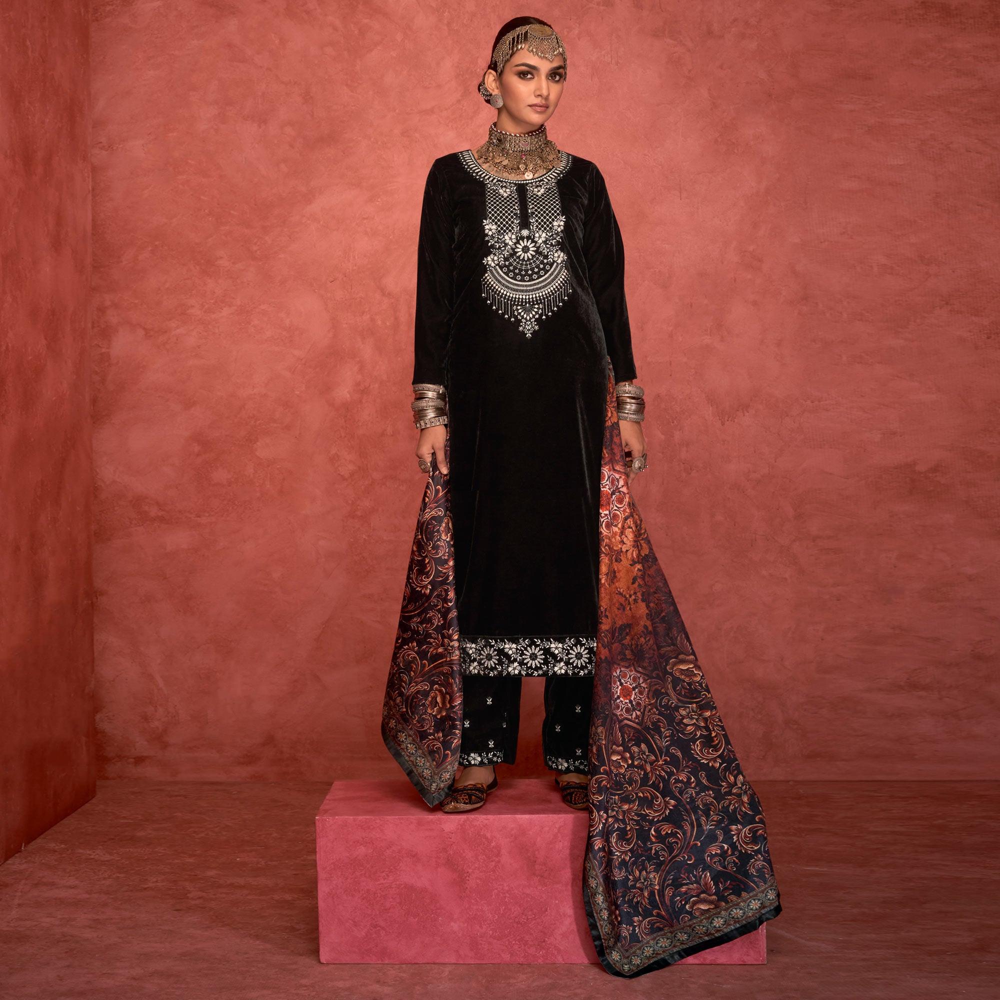 Black Embroidered Velvet Pakistani Suit - Peachmode