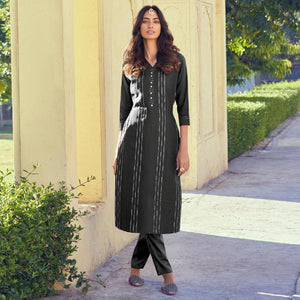 Black Embroidered Viscose Kurti Pant Set - Peachmode