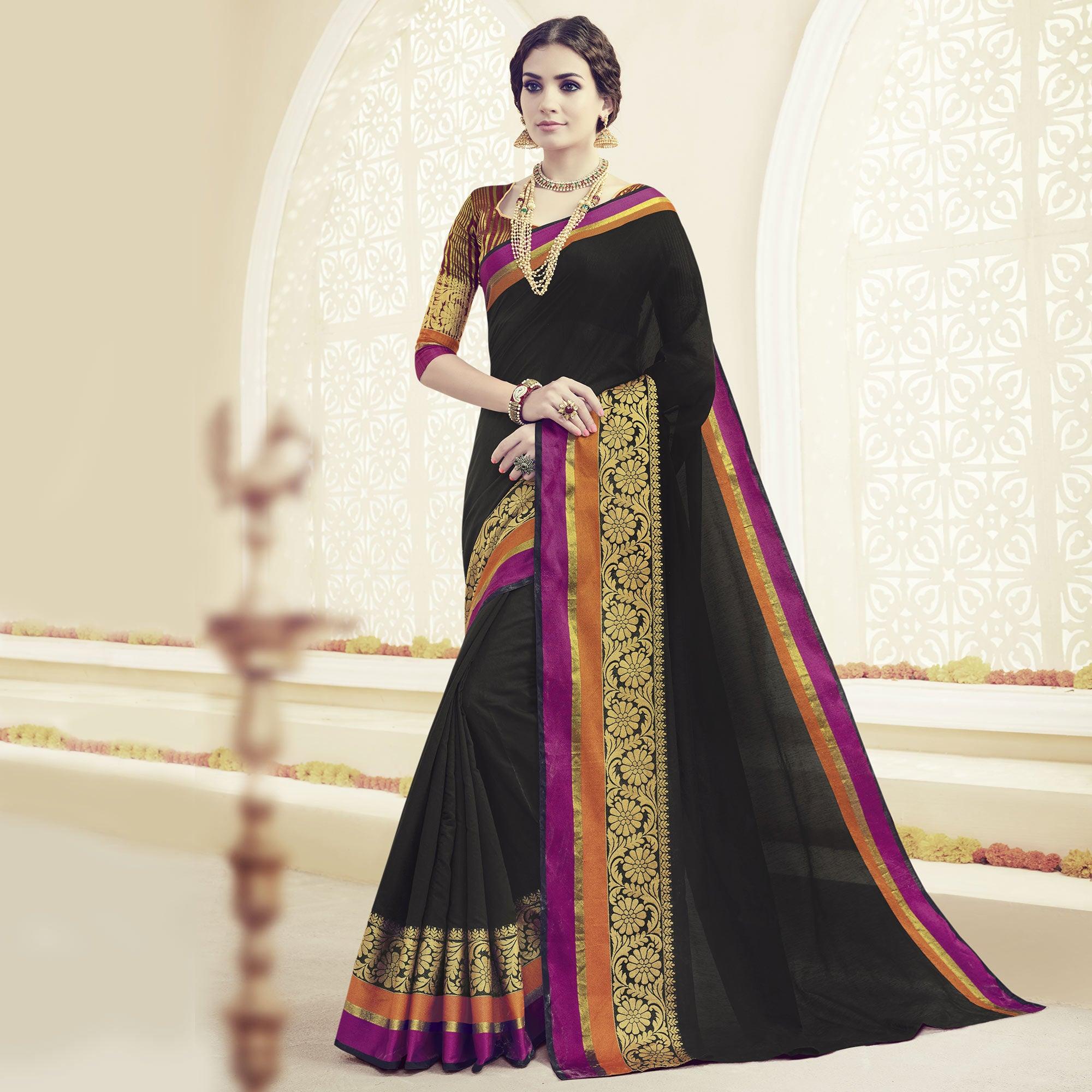 Black Embroidered Weaving Work Saree - Peachmode