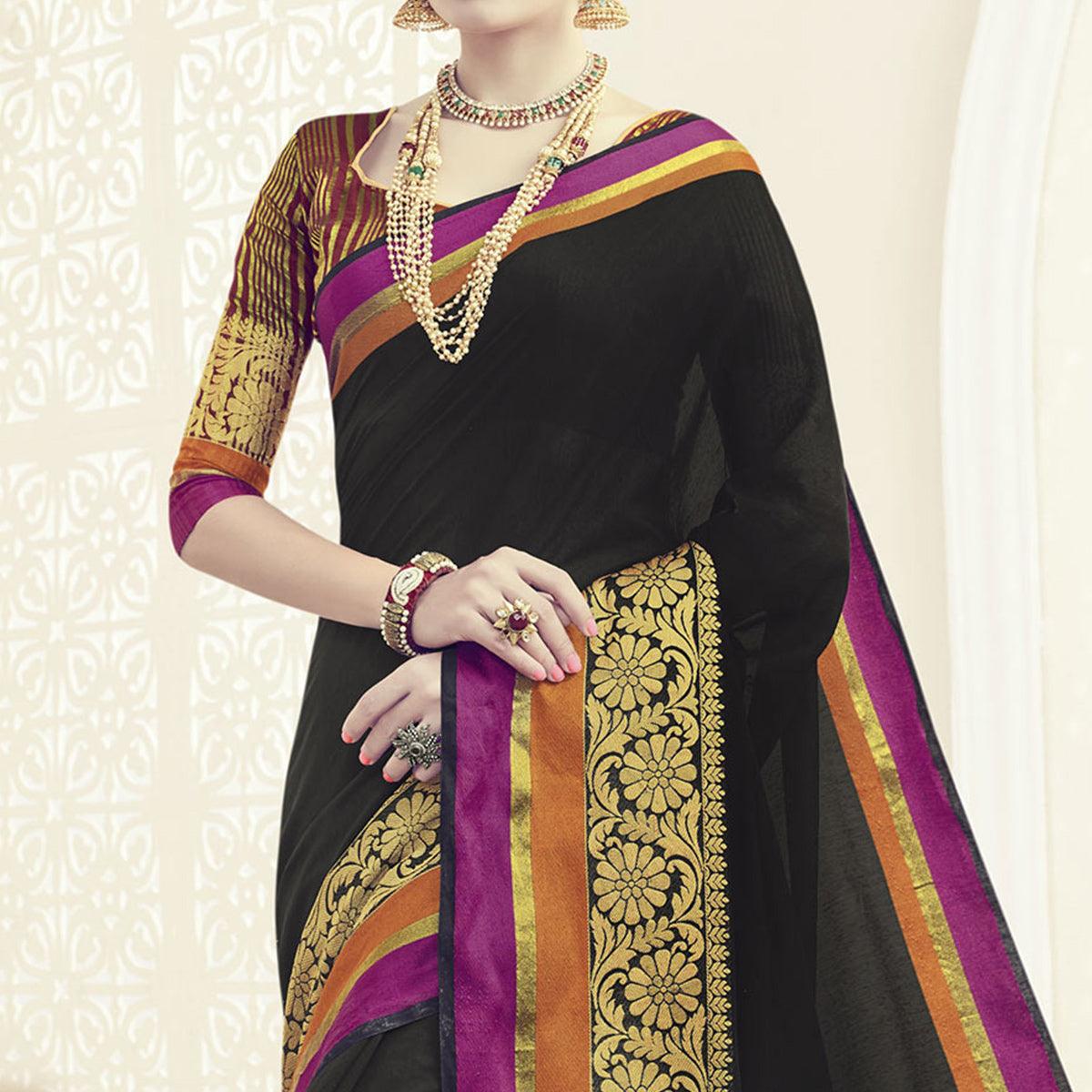 Black Embroidered Weaving Work Saree - Peachmode