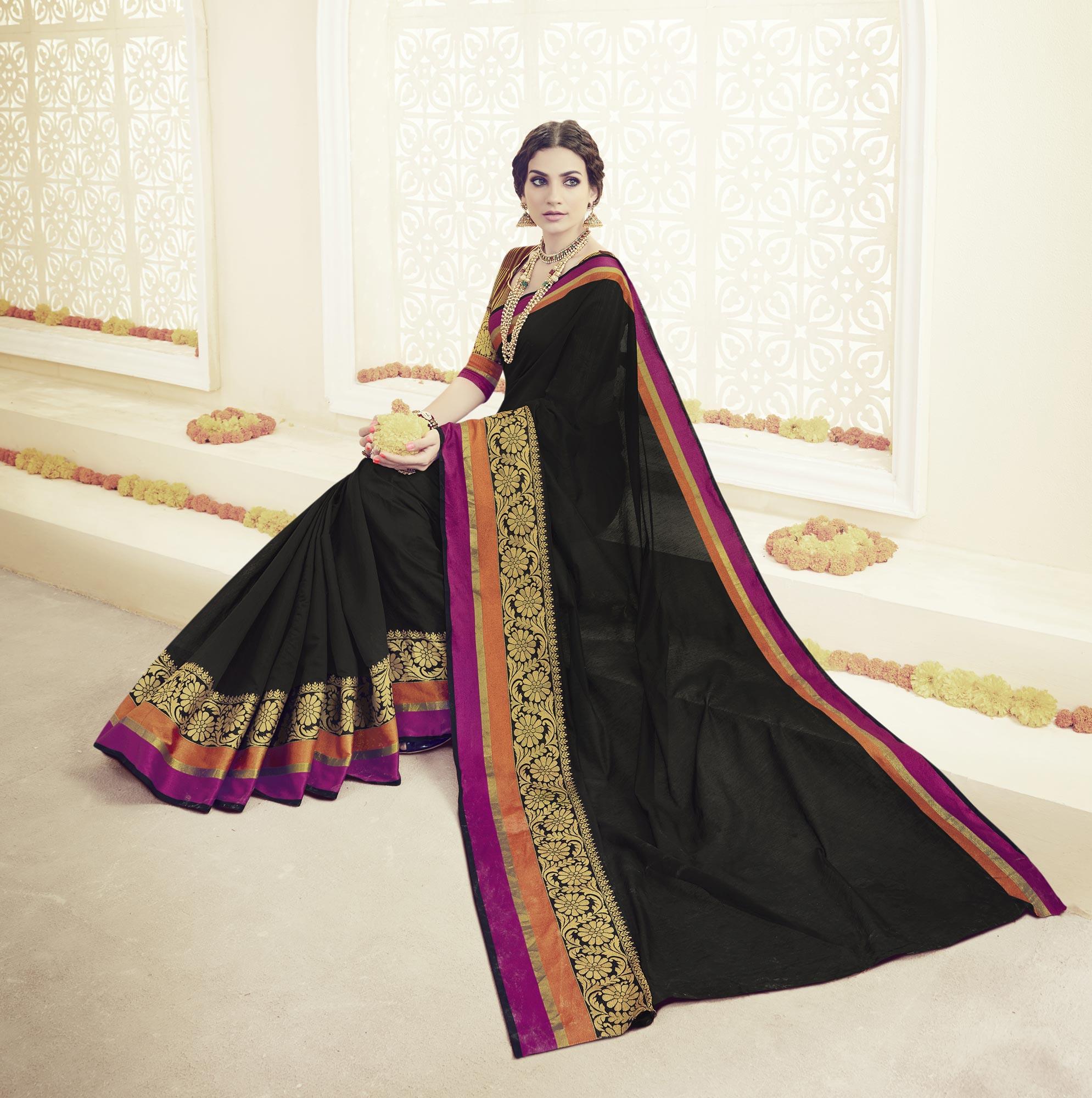 Black Embroidered Weaving Work Saree - Peachmode