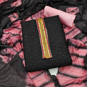 Black Embroidered With Embellished Cotton Blend Dress Material - Peachmode