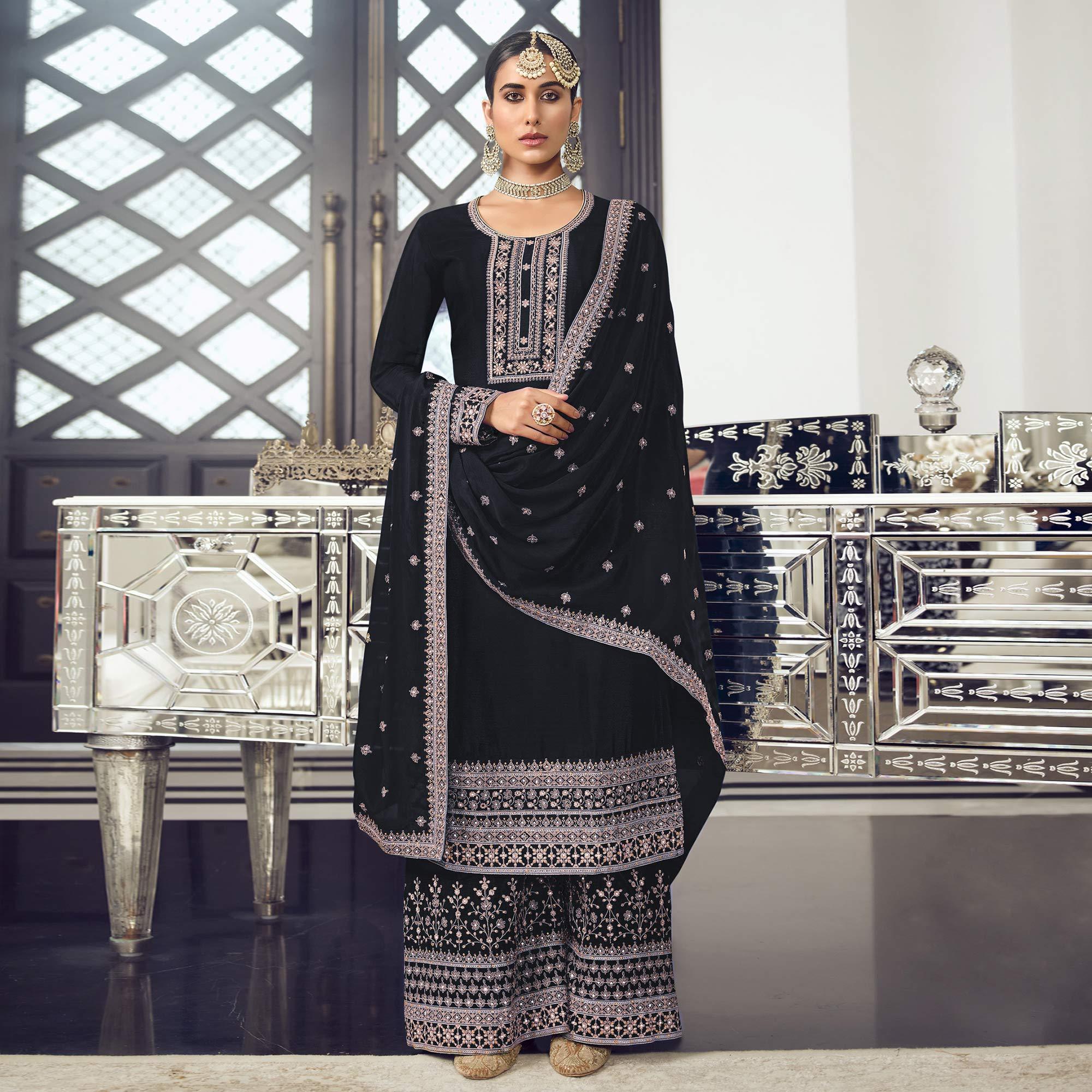 Black Embroidered With Embellished Dola Silk Palazzo Suit - Peachmode
