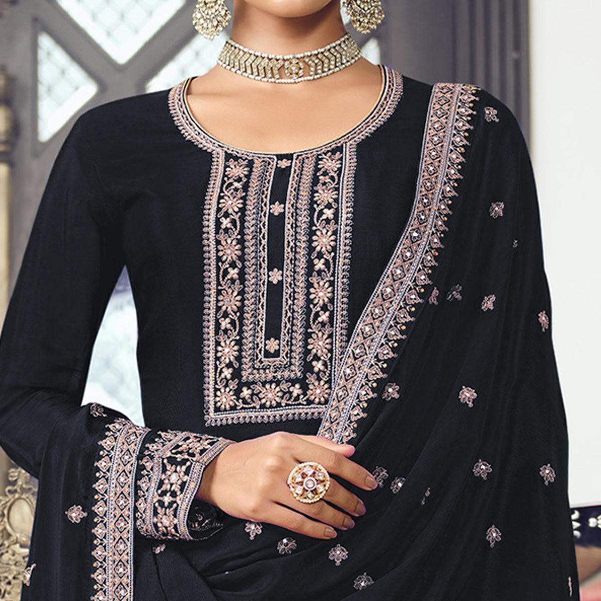 Black Embroidered With Embellished Dola Silk Palazzo Suit - Peachmode