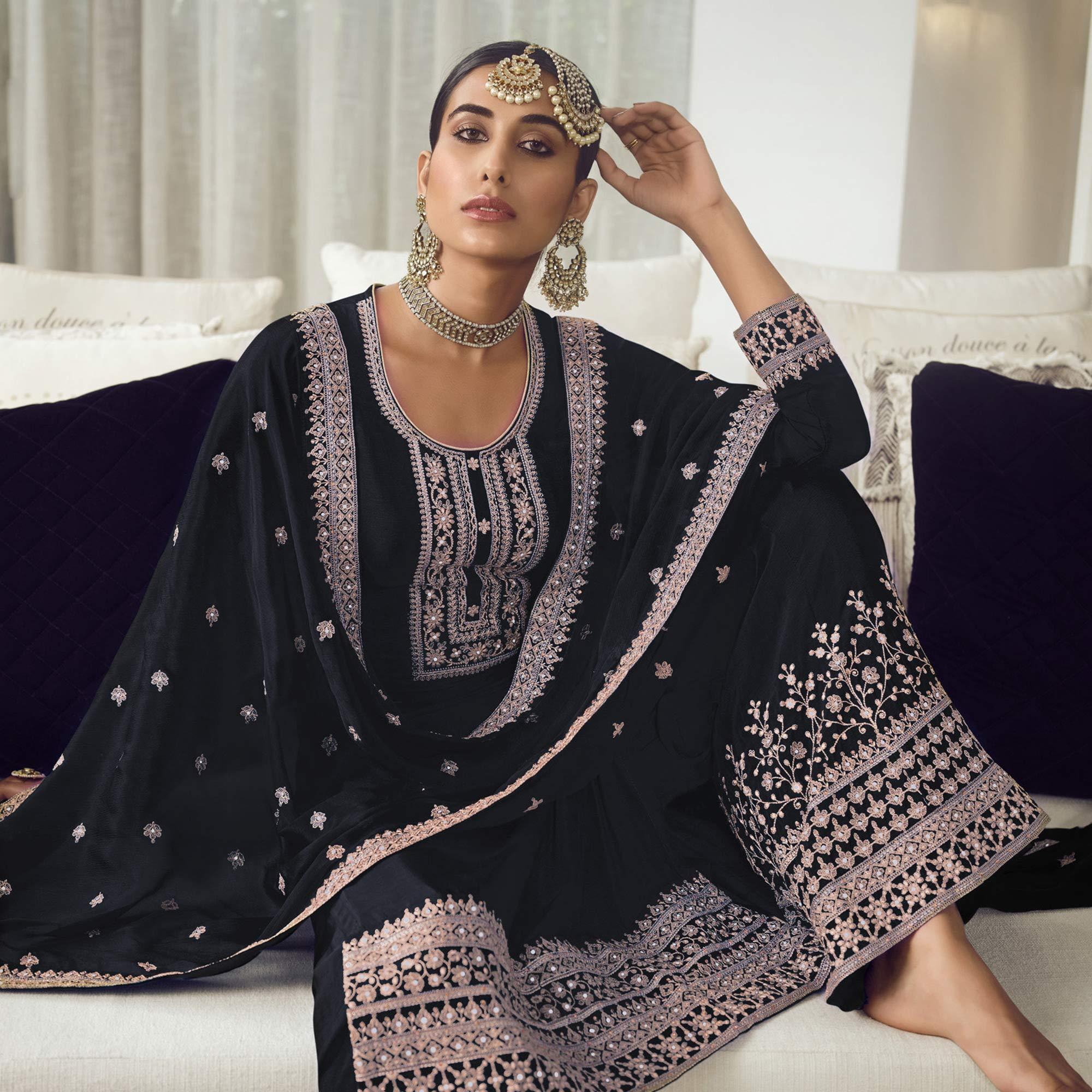 Black Embroidered With Embellished Dola Silk Palazzo Suit - Peachmode