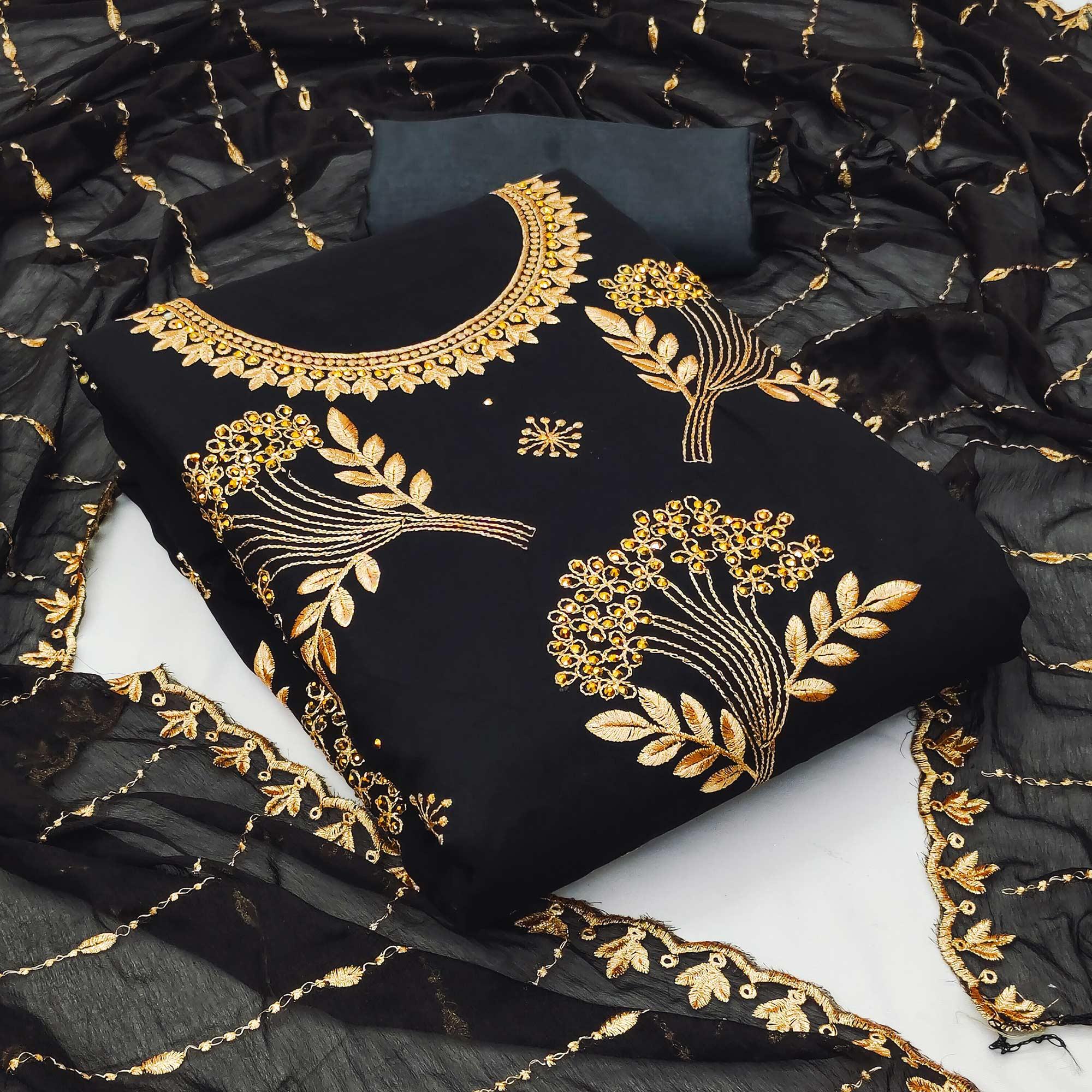 Black Embroidered With Embellished Georgette Dress Material - Peachmode