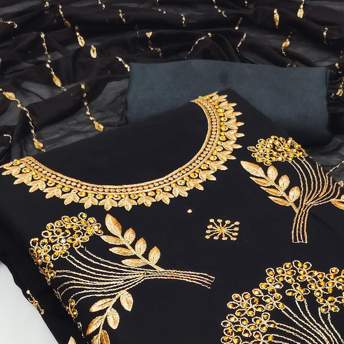 Black Embroidered With Embellished Georgette Dress Material - Peachmode