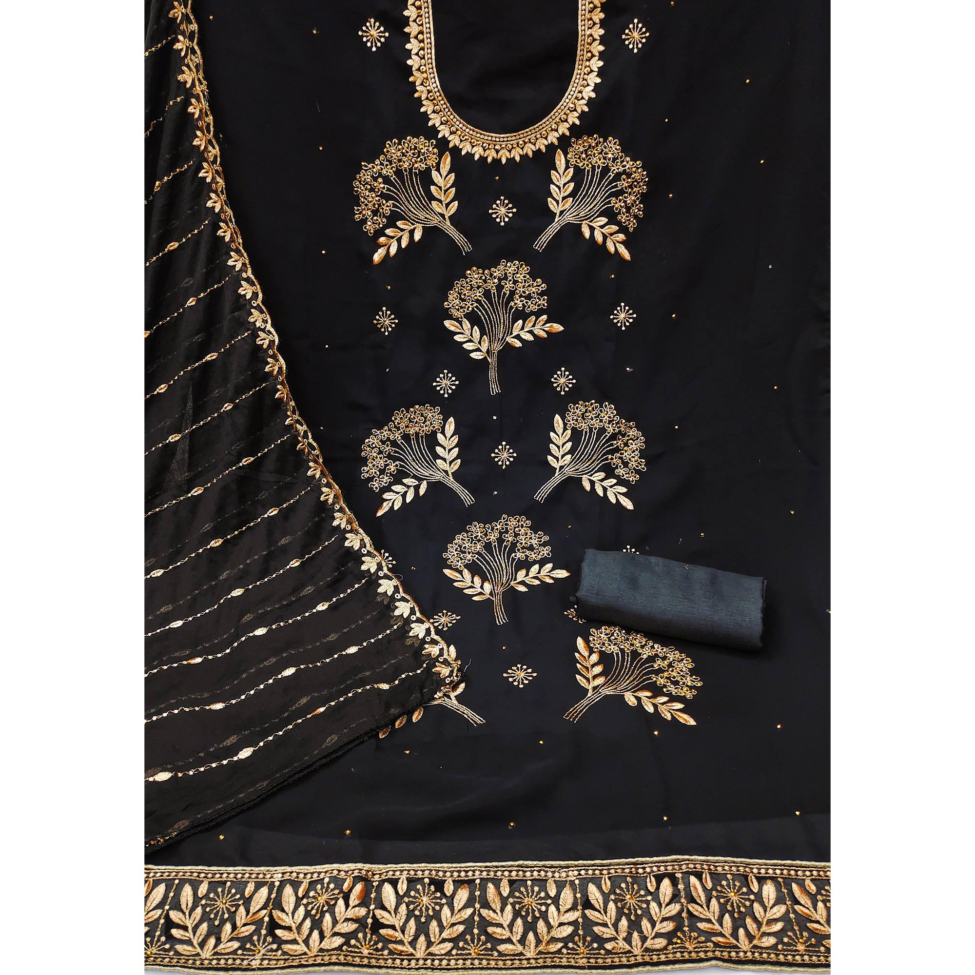 Black Embroidered With Embellished Georgette Dress Material - Peachmode