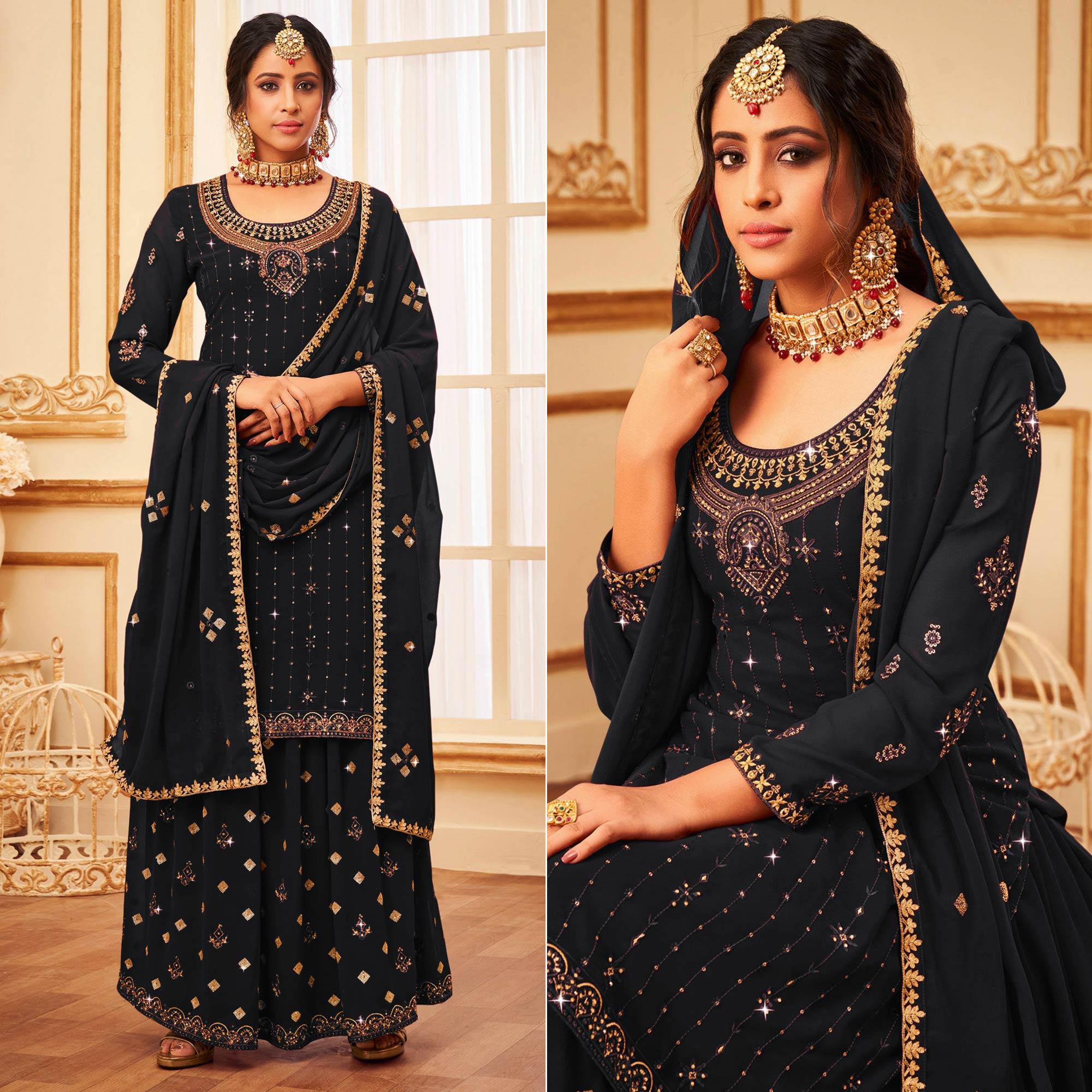 Black Embroidered With Embellished Georgette Palazzo Suit - Peachmode