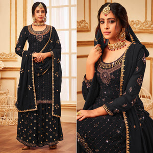 Black Embroidered With Embellished Georgette Palazzo Suit - Peachmode