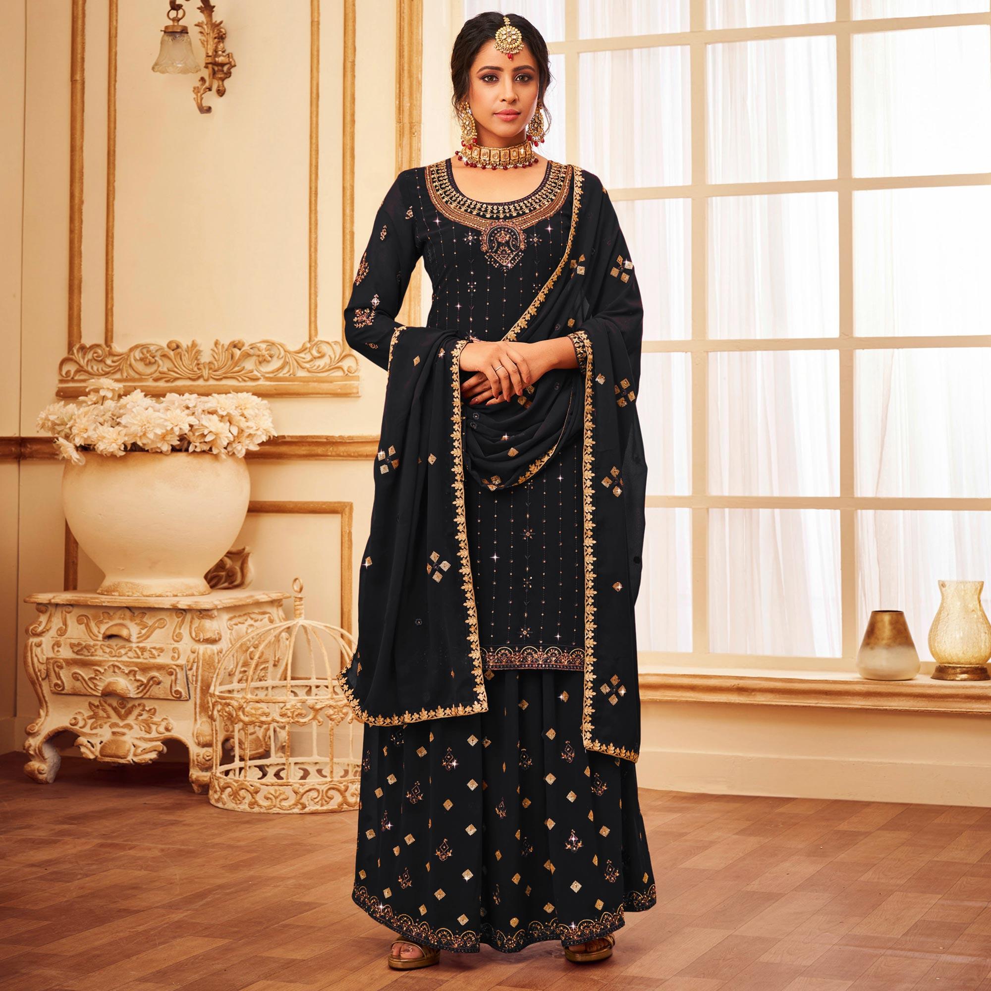 Black Embroidered With Embellished Georgette Palazzo Suit - Peachmode