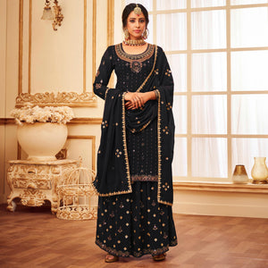Black Embroidered With Embellished Georgette Palazzo Suit - Peachmode