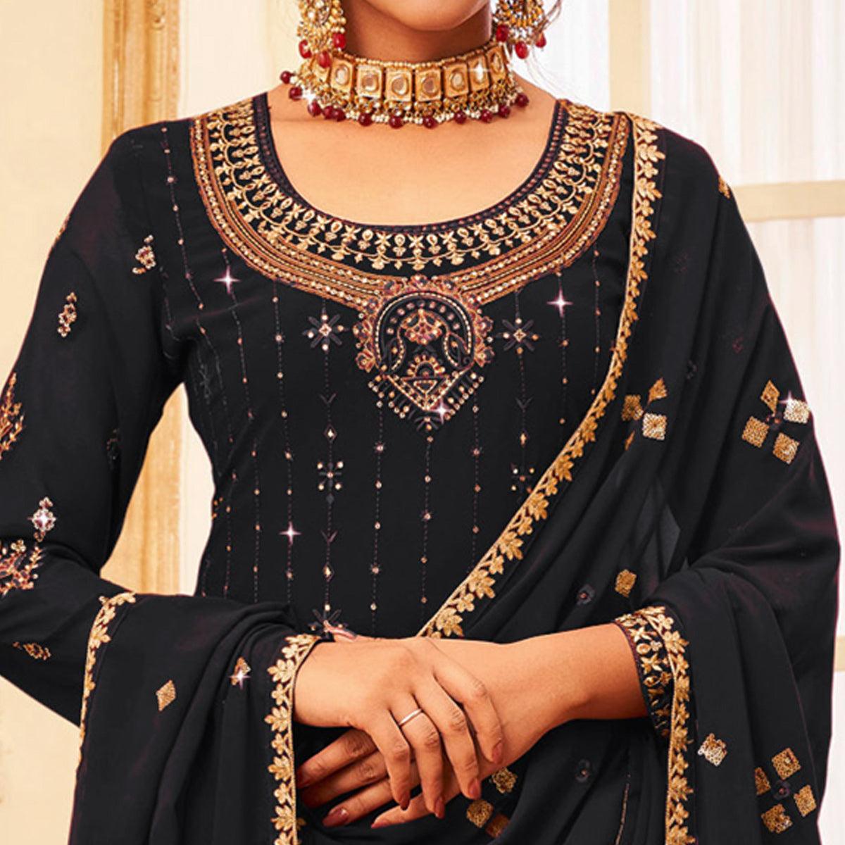 Black Embroidered With Embellished Georgette Palazzo Suit - Peachmode