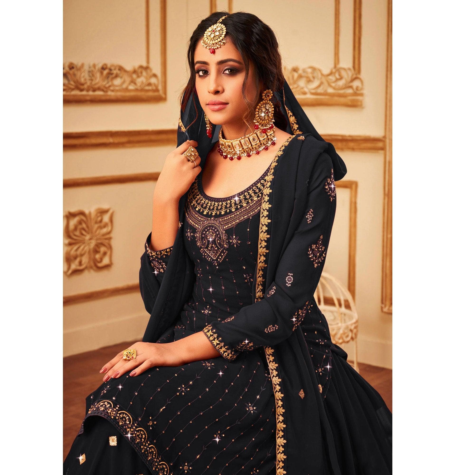 Black Embroidered With Embellished Georgette Palazzo Suit - Peachmode