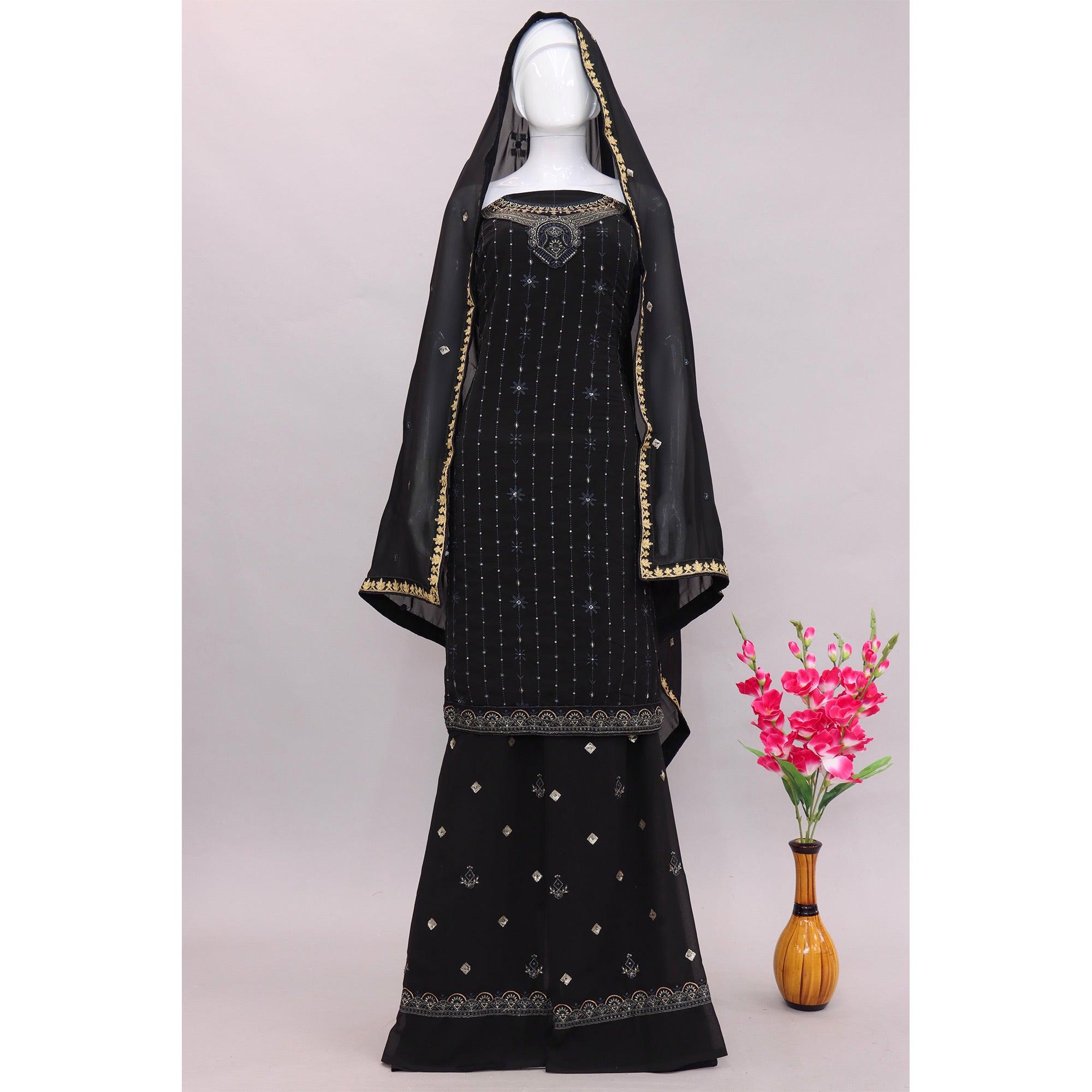 Black Embroidered With Embellished Georgette Palazzo Suit - Peachmode