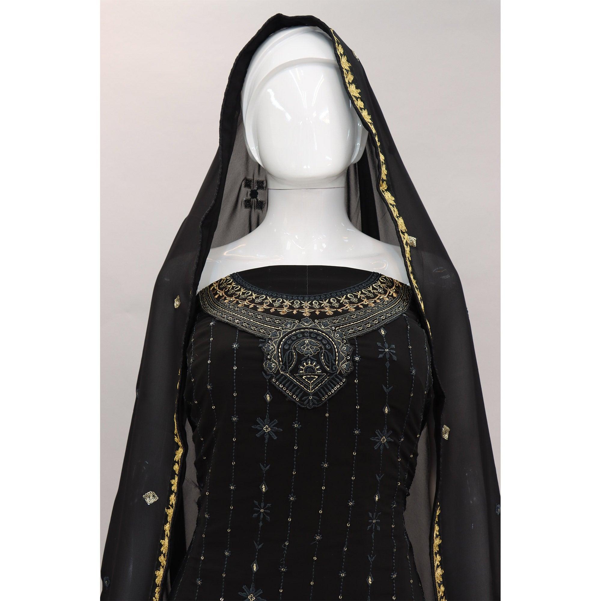 Black Embroidered With Embellished Georgette Palazzo Suit - Peachmode