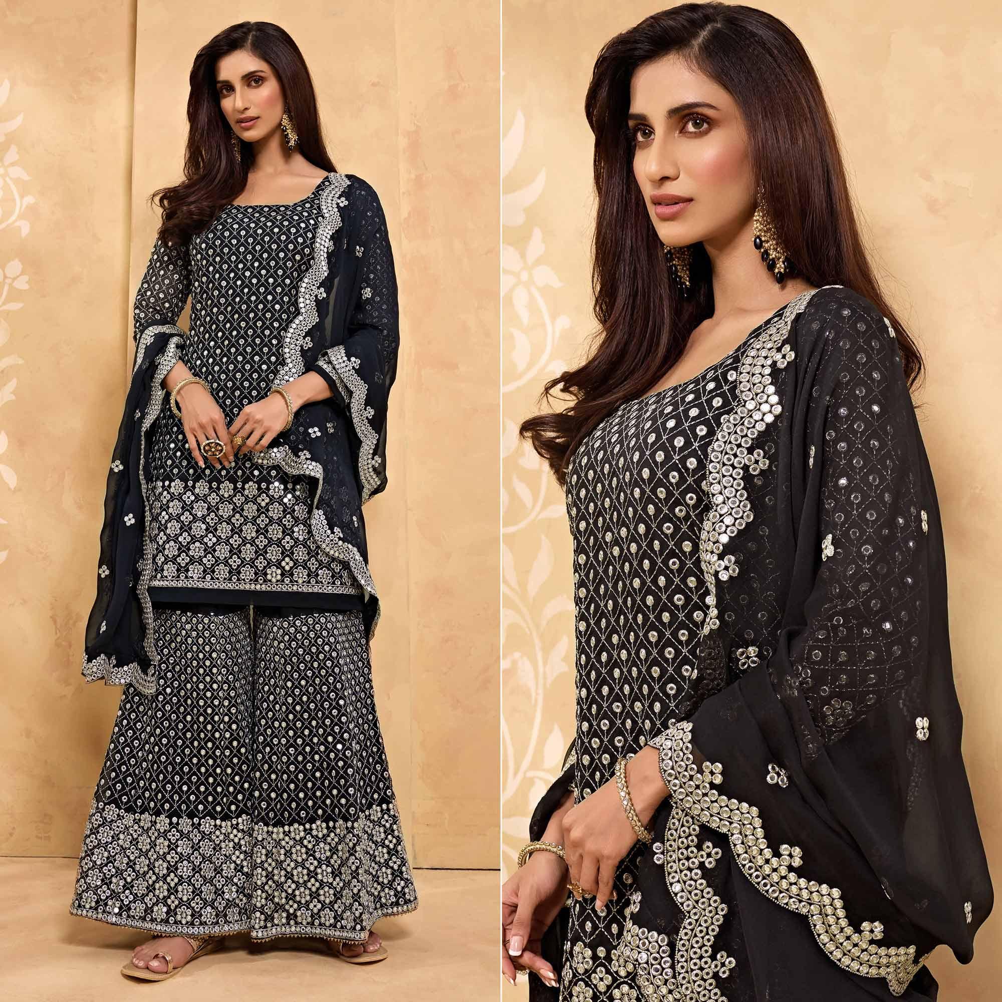 Black Embroidered With Embellished Georgette Sharara Suit - Peachmode