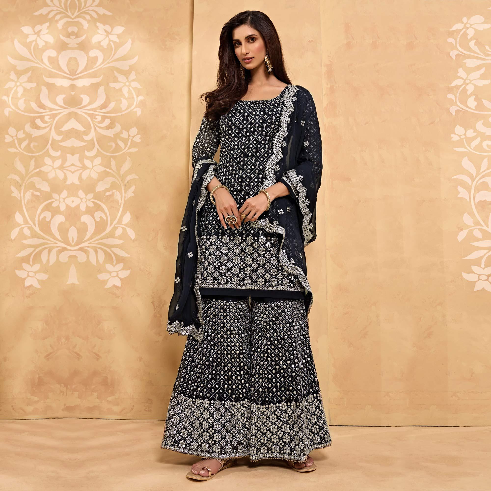 Black Embroidered With Embellished Georgette Sharara Suit - Peachmode