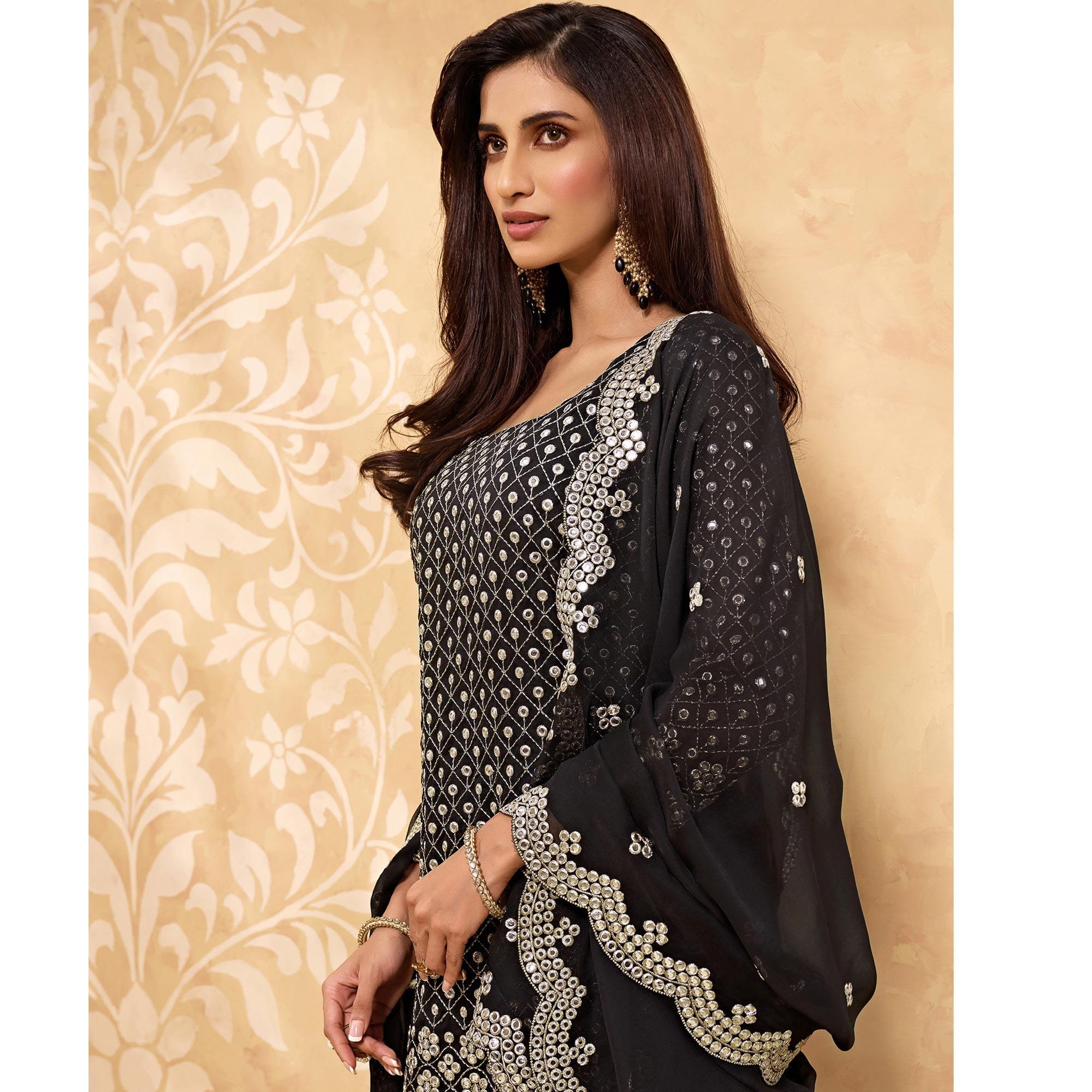 Black Embroidered With Embellished Georgette Sharara Suit - Peachmode