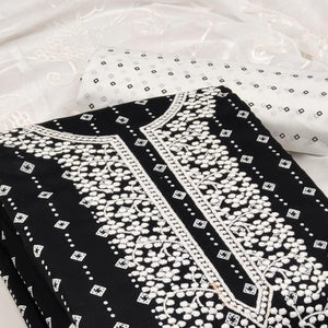 Black Embroidered With Printed Rayon Dress Material - Peachmode