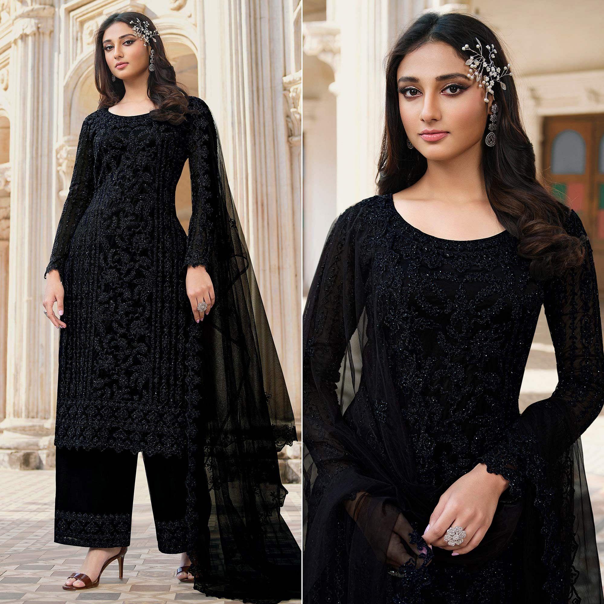 Black Embroidery With Embellished Net Partywear Suit - Peachmode