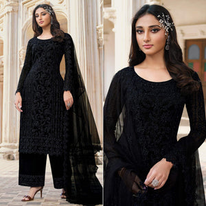 Black Embroidery With Embellished Net Partywear Suit - Peachmode