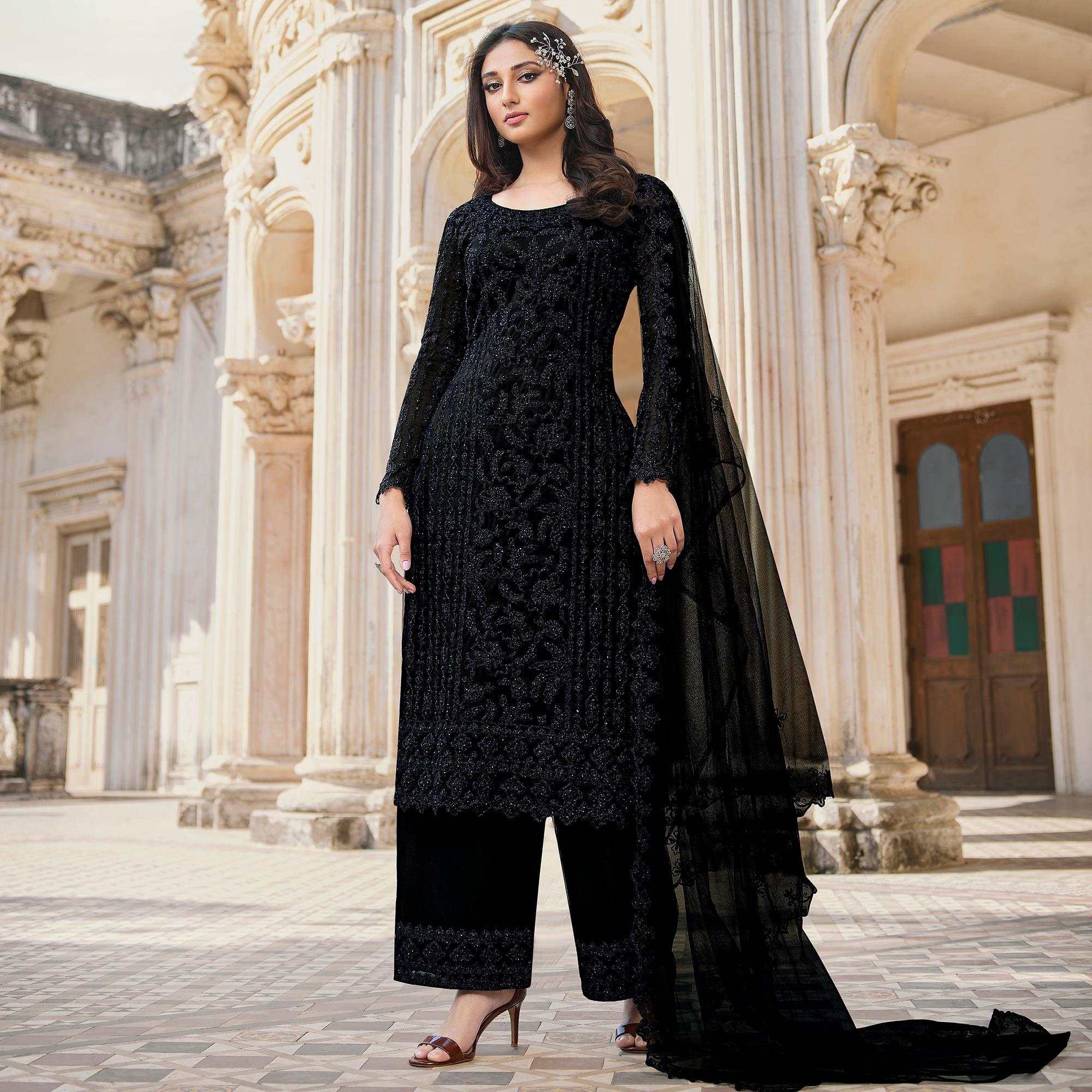 Black Embroidery With Embellished Net Partywear Suit - Peachmode