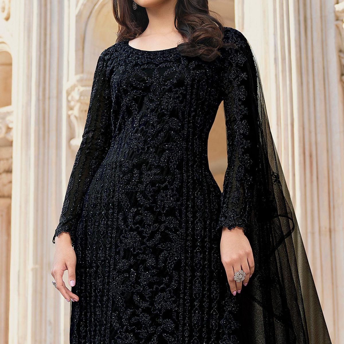 Black Embroidery With Embellished Net Partywear Suit - Peachmode