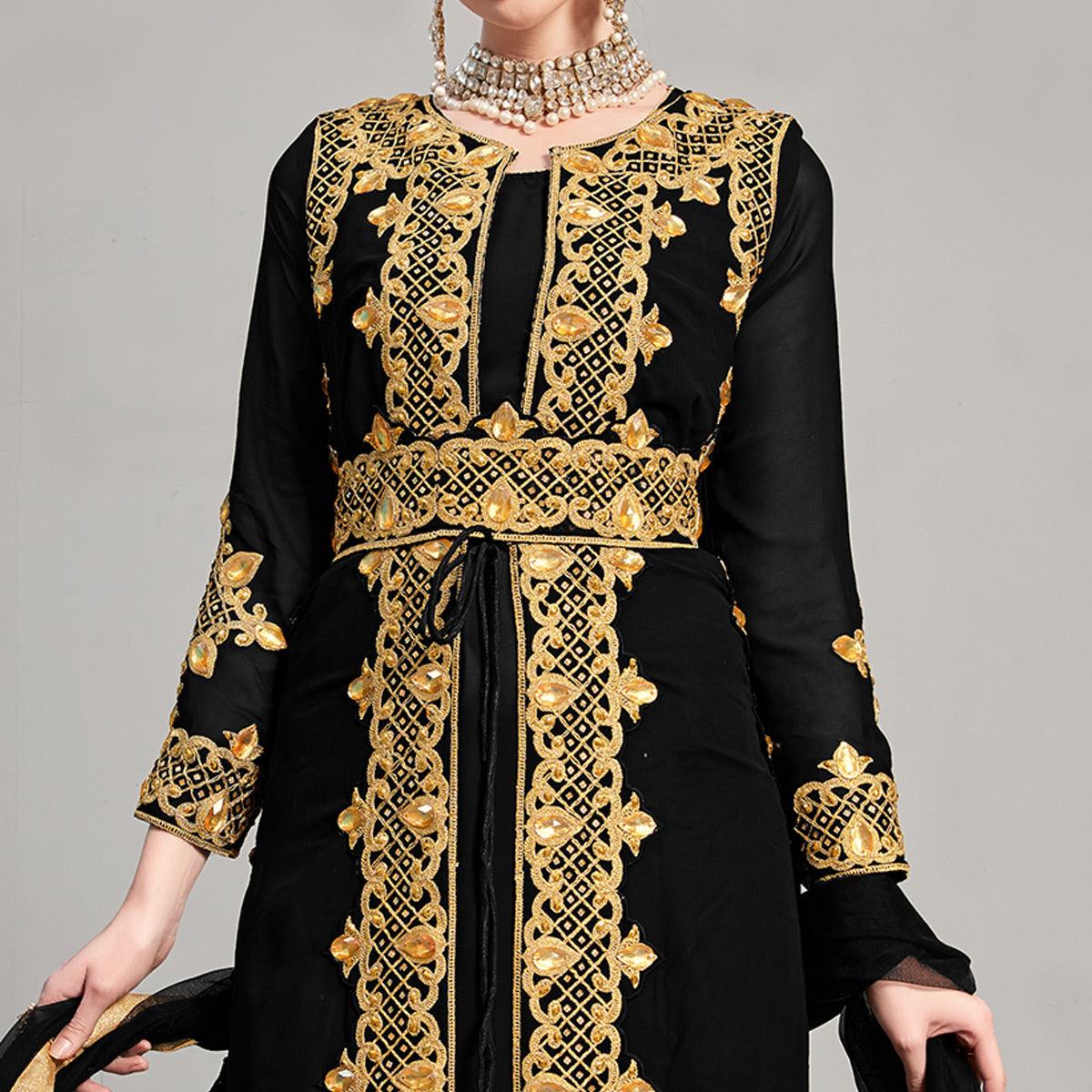Black Embroidery With Heavy Stonework Georgette Partywear Suit With Jacket - Peachmode