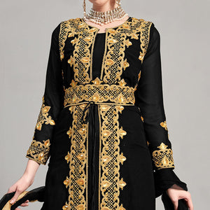 Black Embroidery With Heavy Stonework Georgette Partywear Suit With Jacket - Peachmode