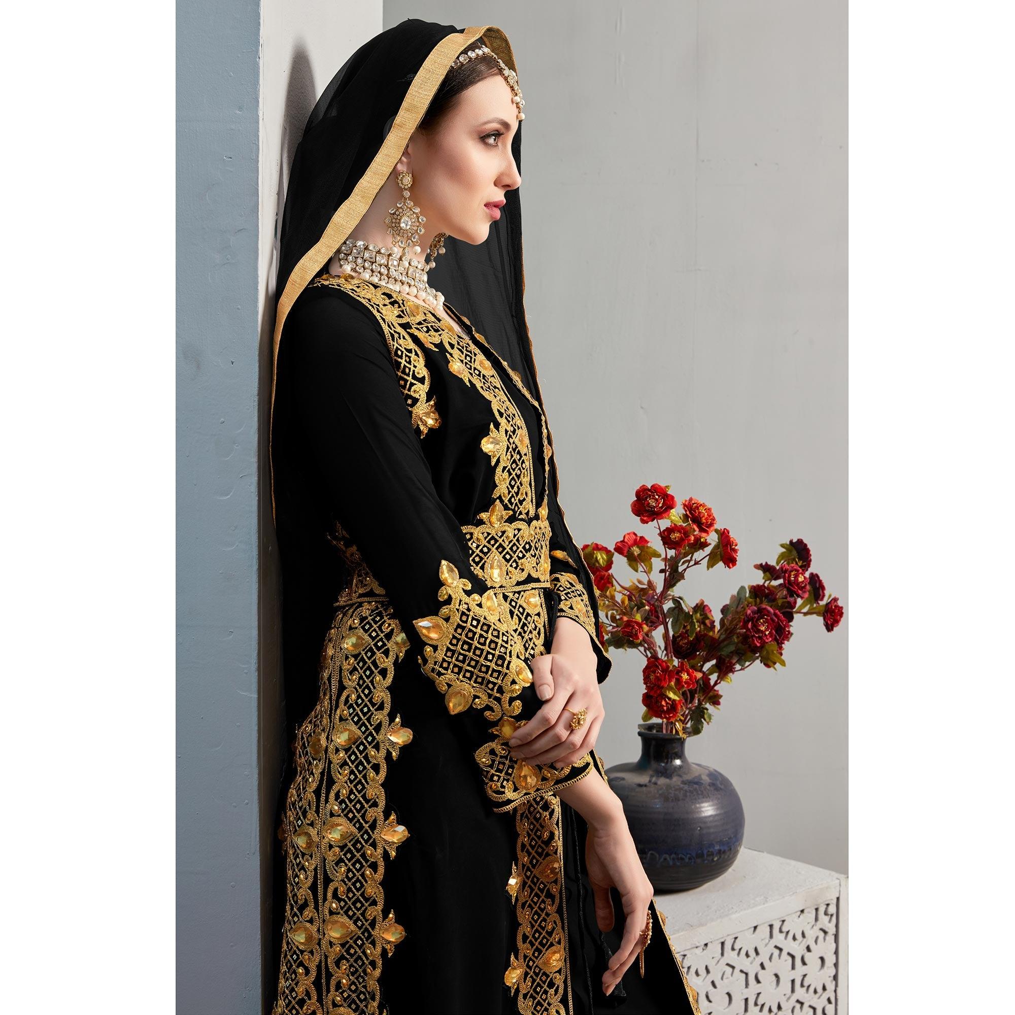 Black Embroidery With Heavy Stonework Georgette Partywear Suit With Jacket - Peachmode