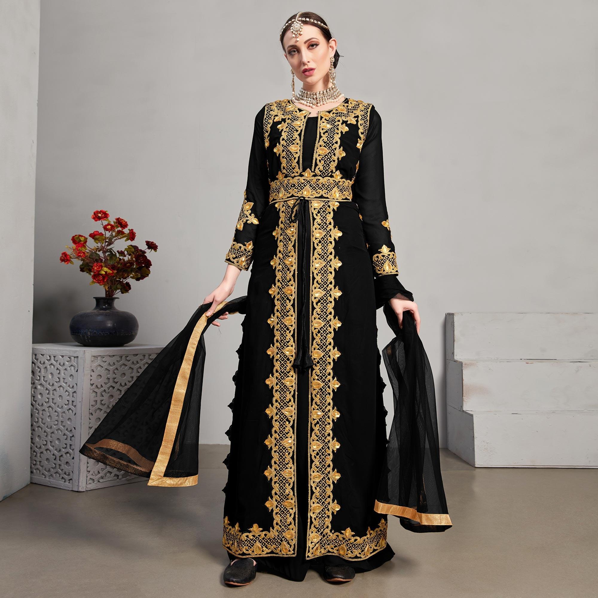 Black Embroidery With Heavy Stonework Georgette Partywear Suit With Jacket - Peachmode