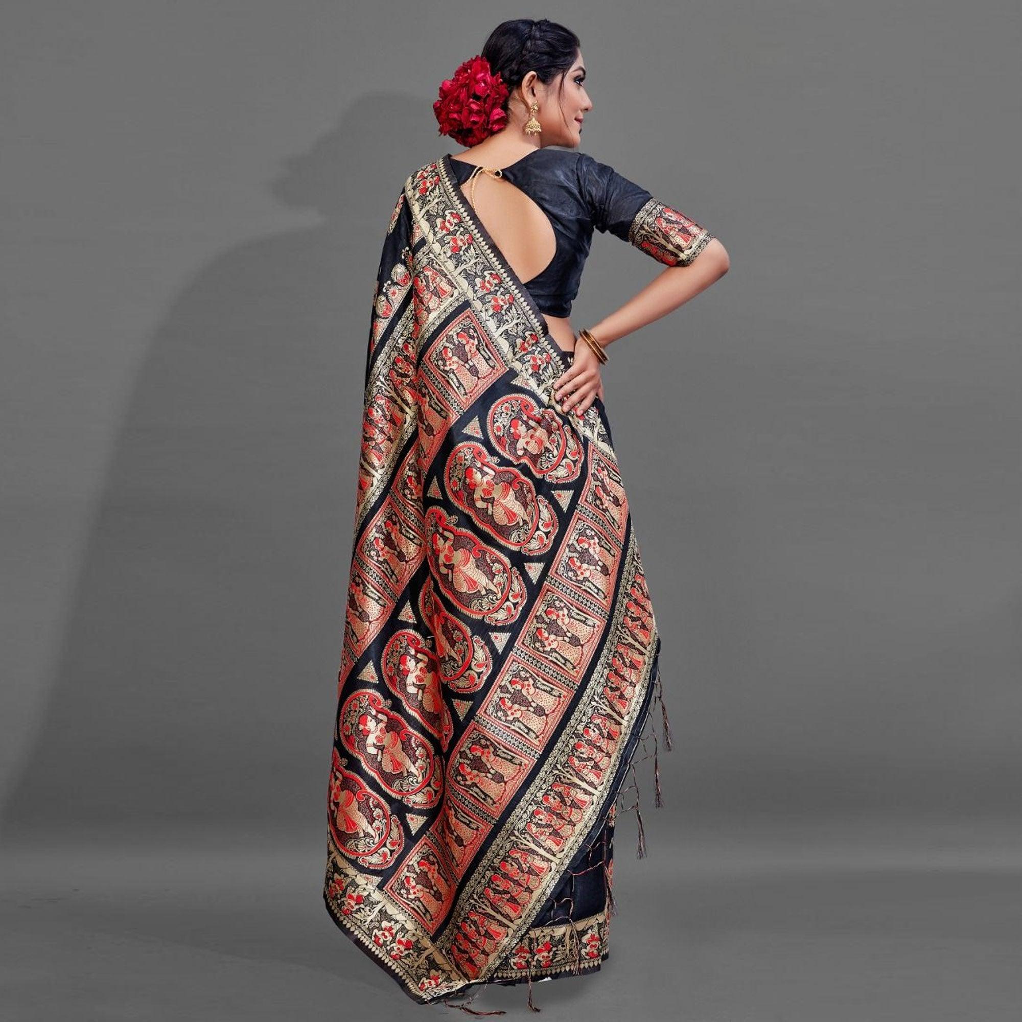 Black Festive Art Silk Saree With Unstitched Blouse - Peachmode