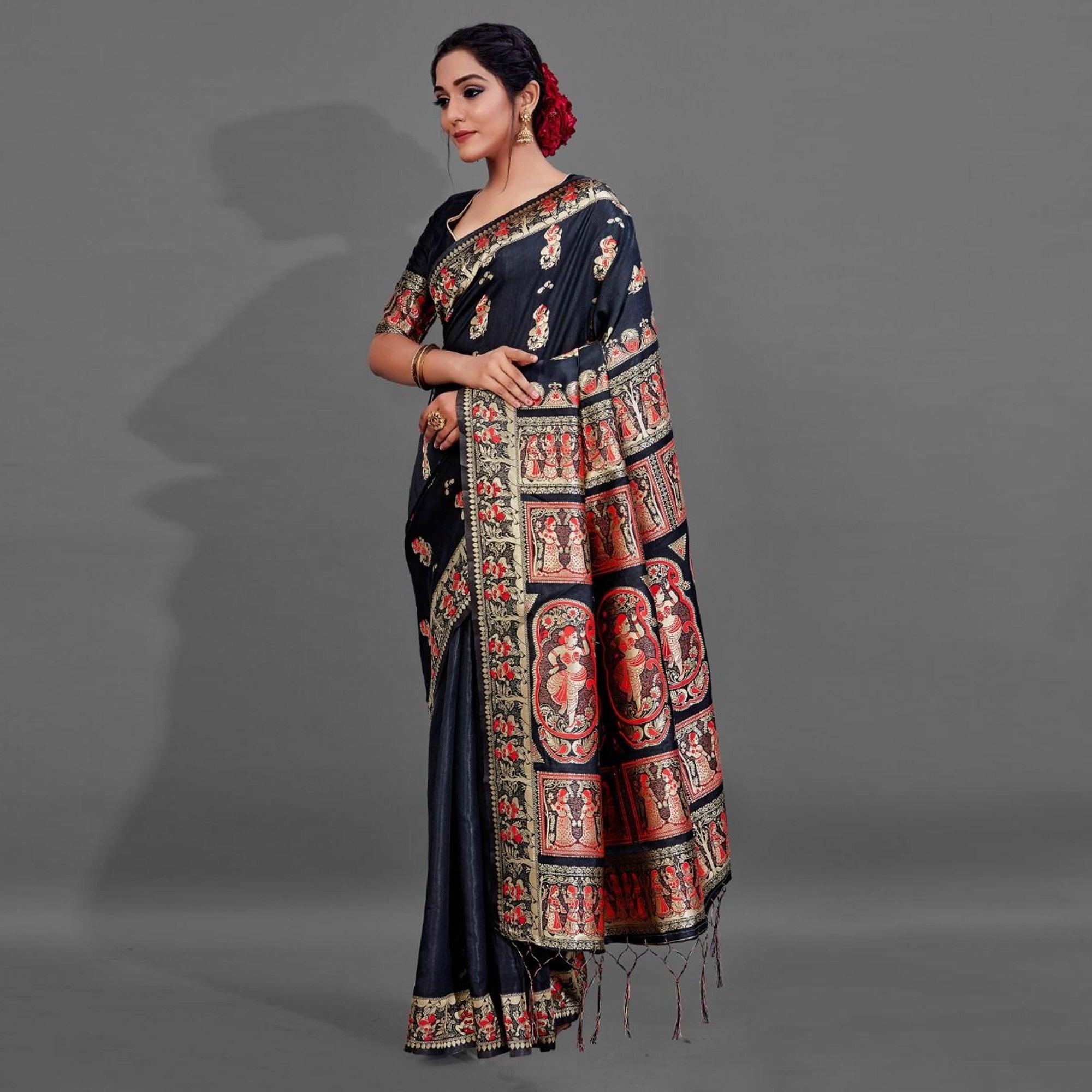 Black Festive Art Silk Saree With Unstitched Blouse - Peachmode