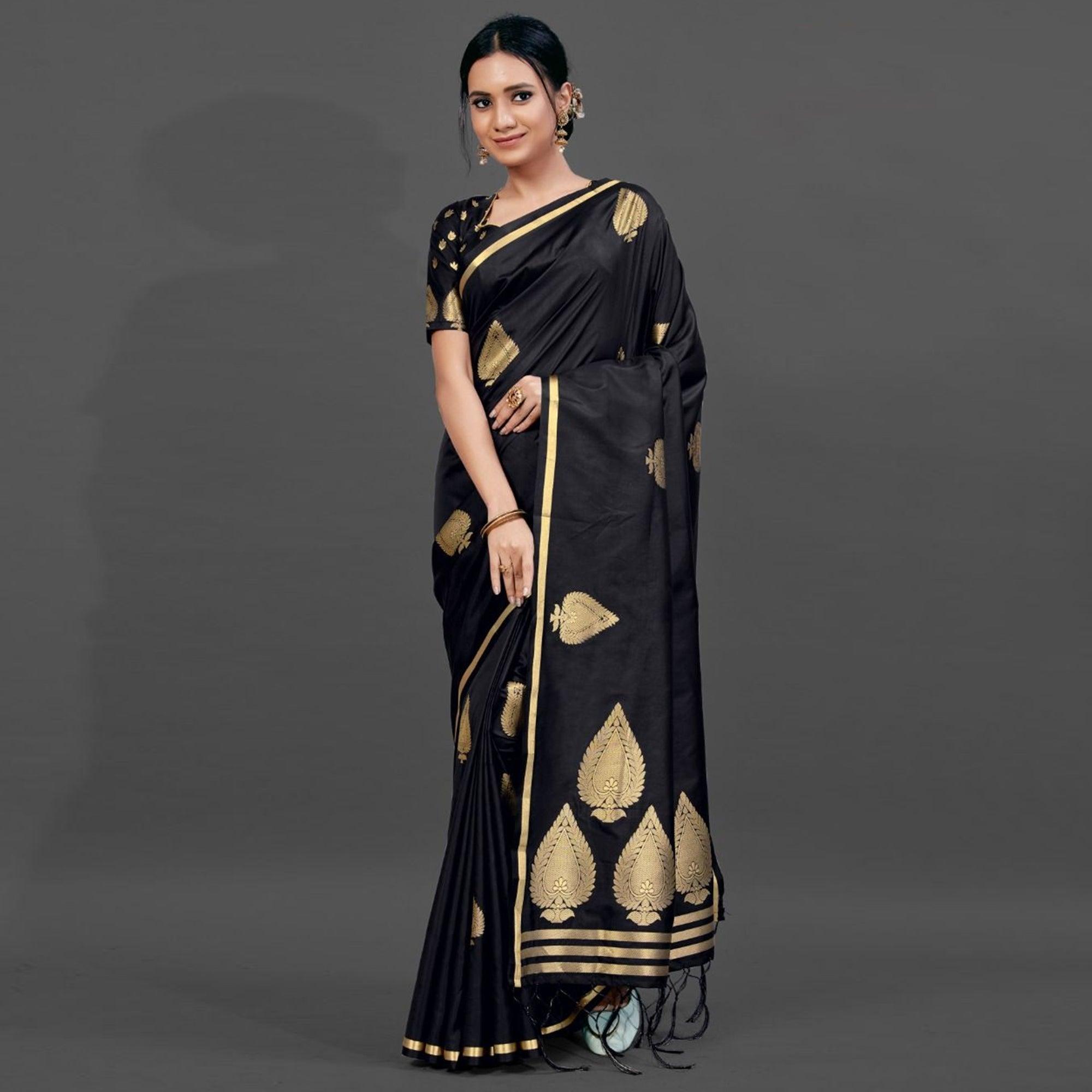Black Festive Silk Blend Woven Saree With Unstitched Blouse - Peachmode